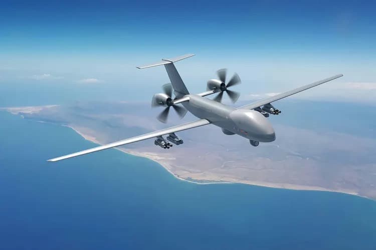A propeller driven surveillance drone flying over a coastline