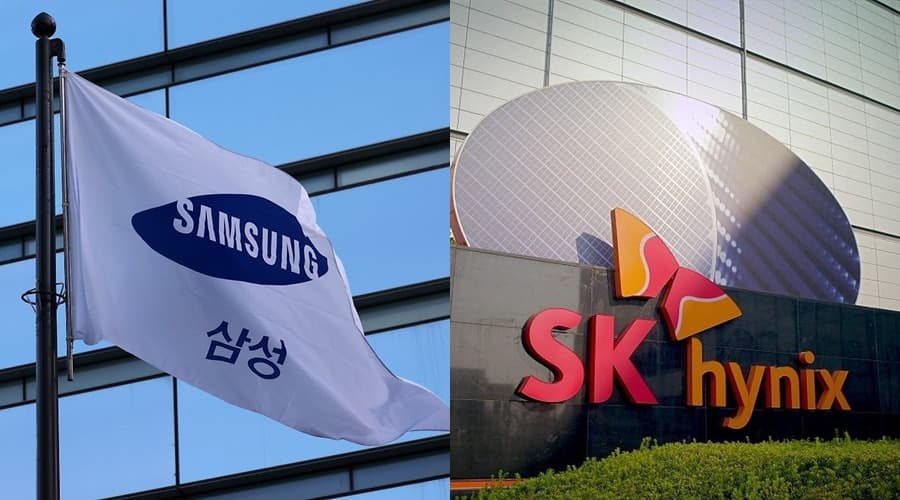 A Samsung flag beside the SK Hynix headquarters sign