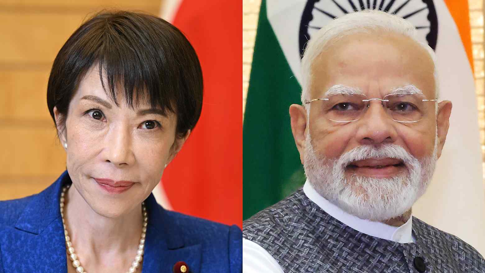 Japanese Prime Minister Sanae Takaichi and Indian Prime Minister Narendra Modi shown side by side before their national flags