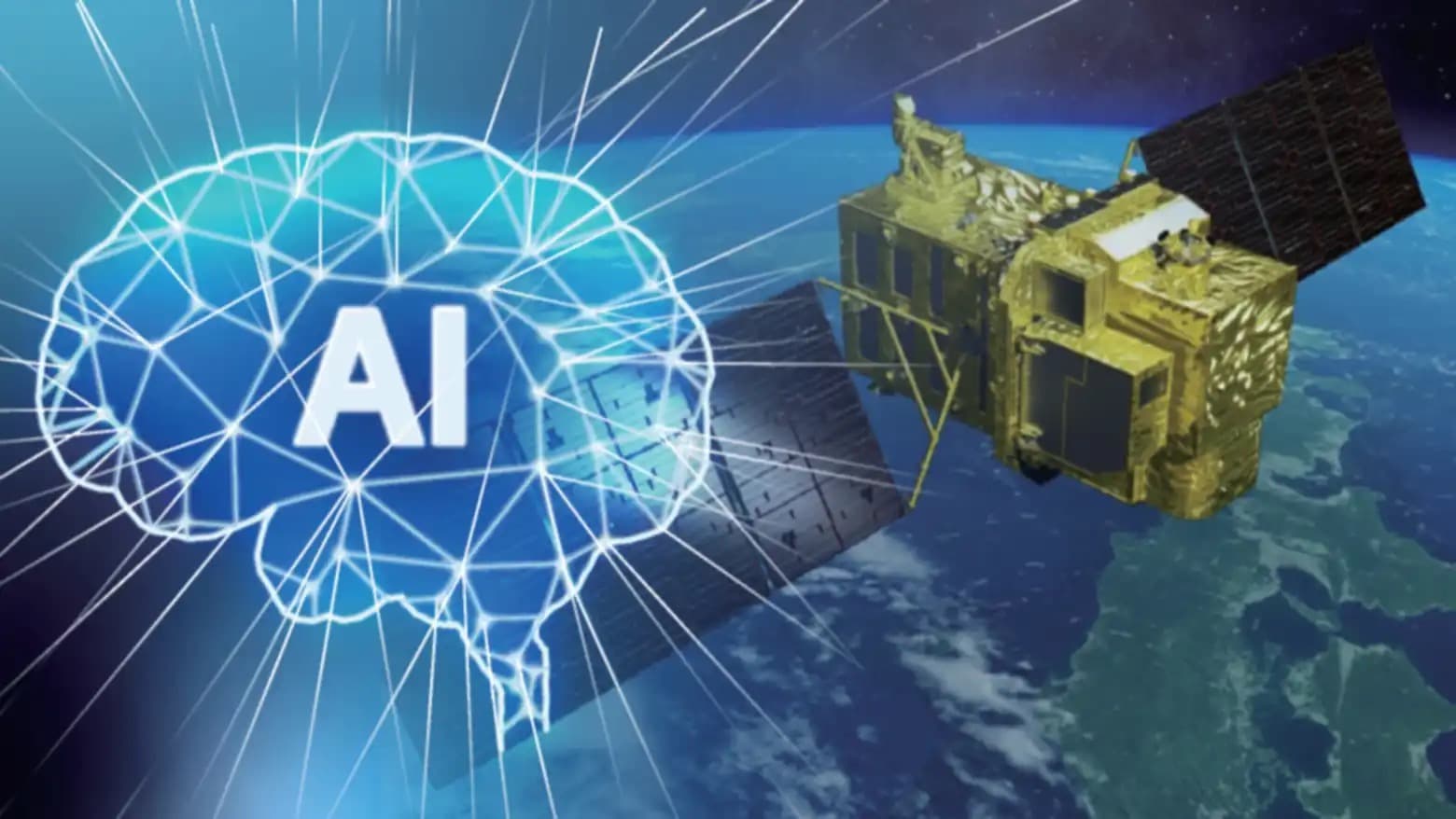 Illustration of an AI neural network brain beside a Japanese surveillance satellite orbiting Earth