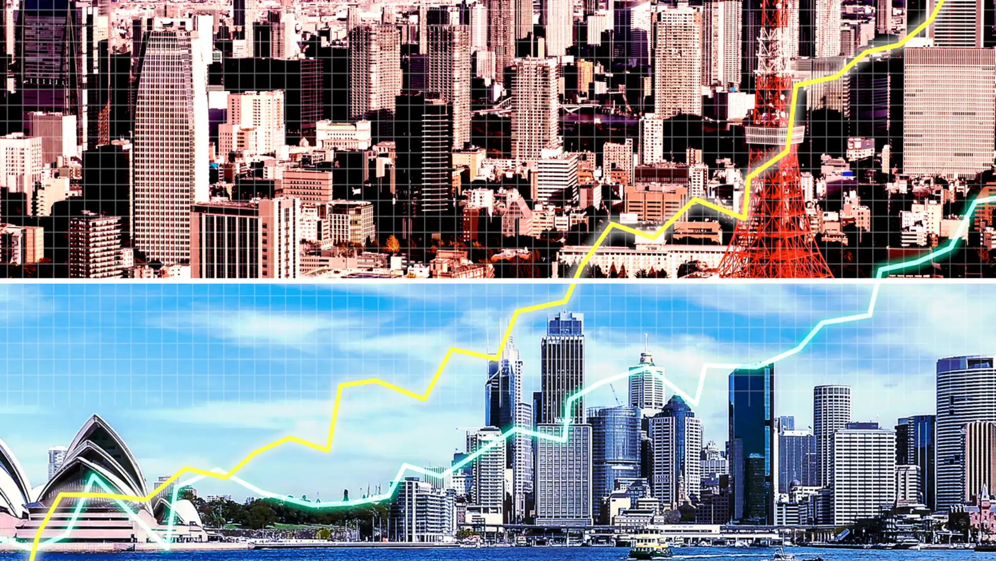 A split image of the Tokyo and Sydney skylines overlaid with rising line charts representing climbing home prices