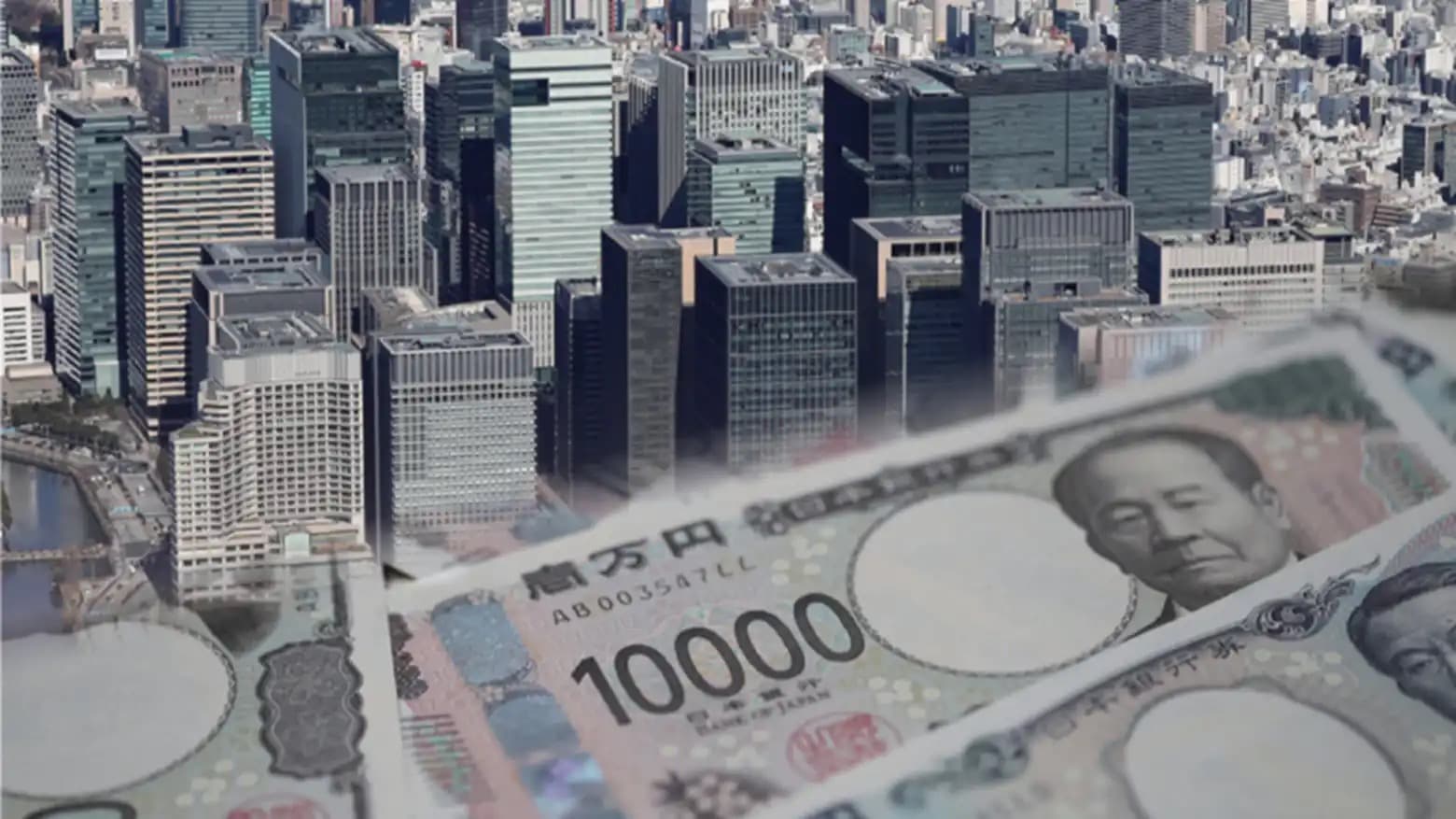 Tokyo office towers overlaid with Japanese ten thousand yen banknotes