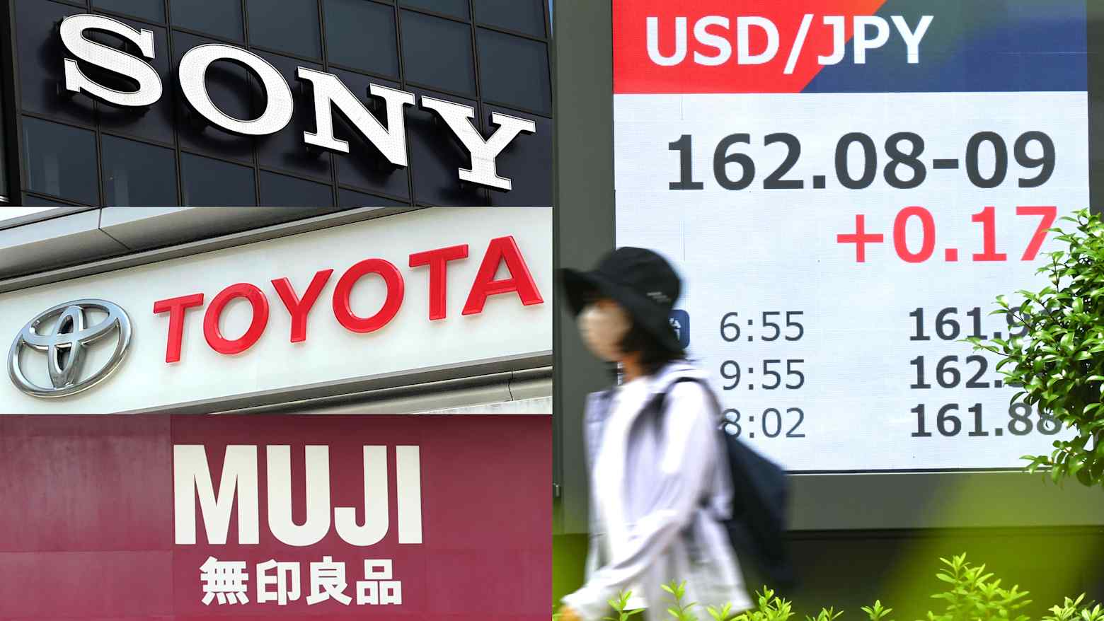 Logos of Sony, Toyota and Muji beside an electronic board displaying the dollar-yen exchange rate as a pedestrian walks past in Tokyo