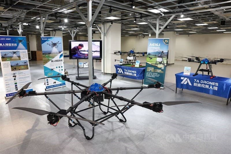 Agricultural and industrial drones on display at a Taiwan trade showcase