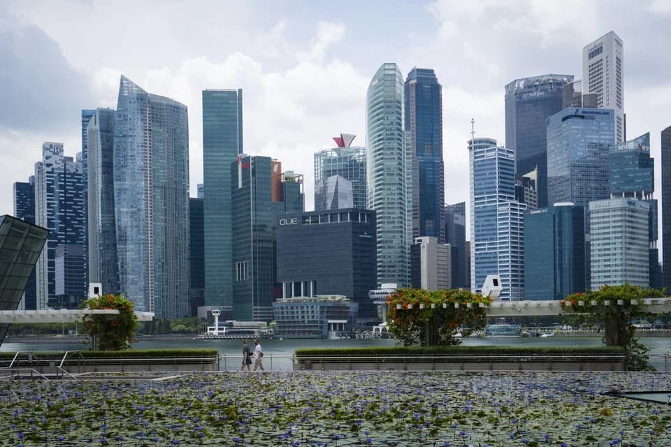 Singapore's Marina Bay financial district skyline seen across a lotus pond