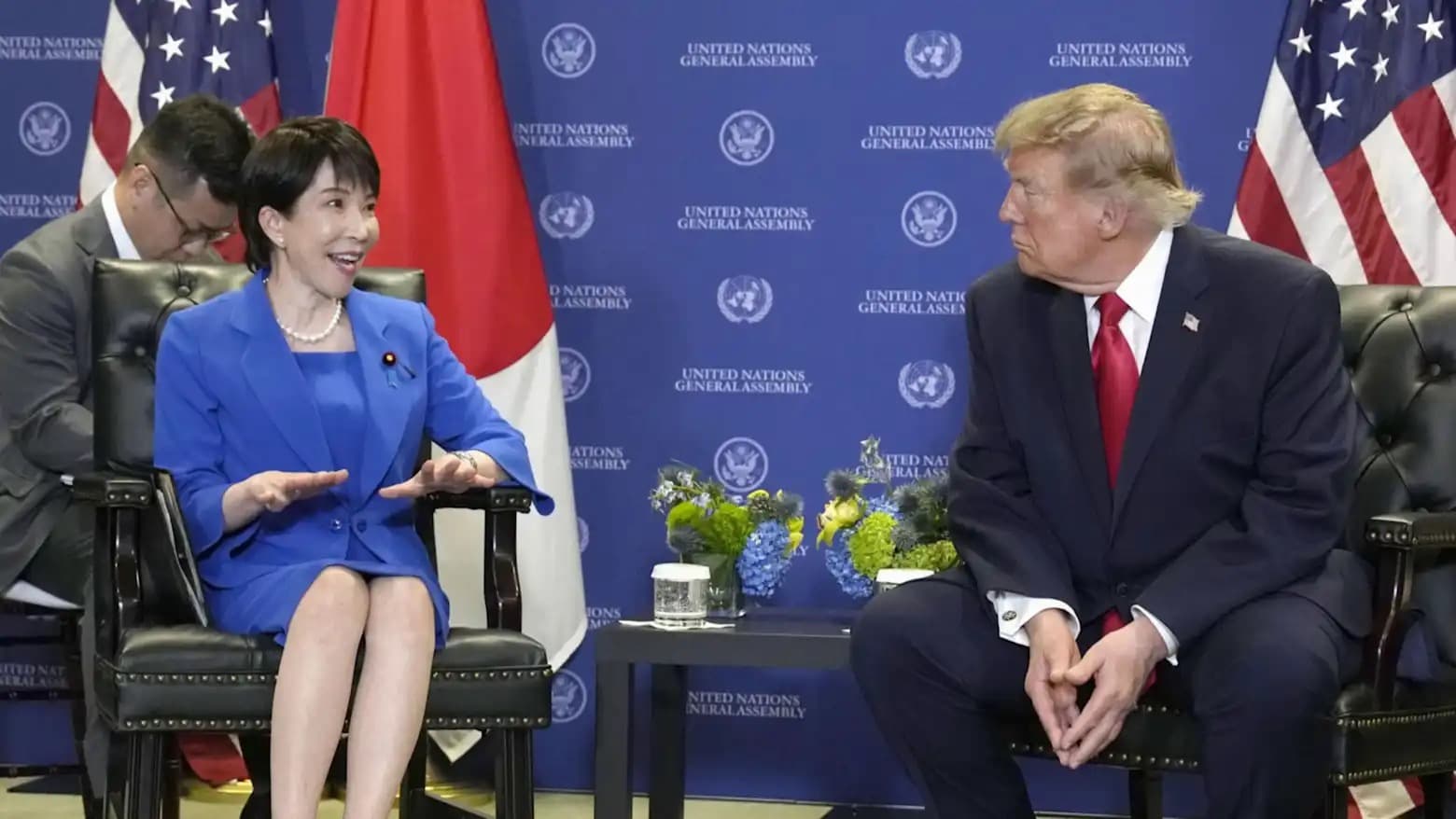 Japanese Prime Minister Sanae Takaichi speaking with US President Donald Trump at the United Nations General Assembly